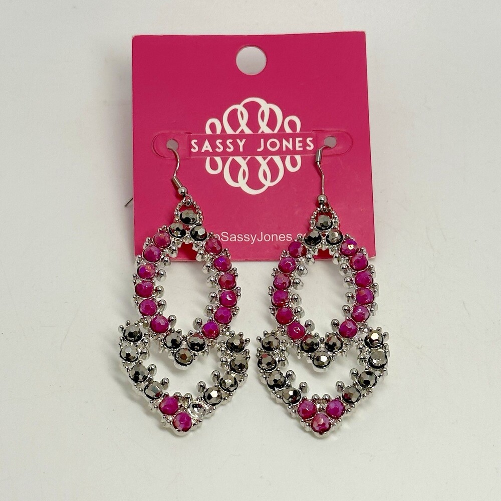 Sassy Jones Malia Glass Dangle Pink Rhinestone Silver Tone Hook Drop Earrings
